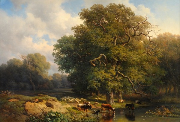 Forrest with river and animals by Willem Roelofs